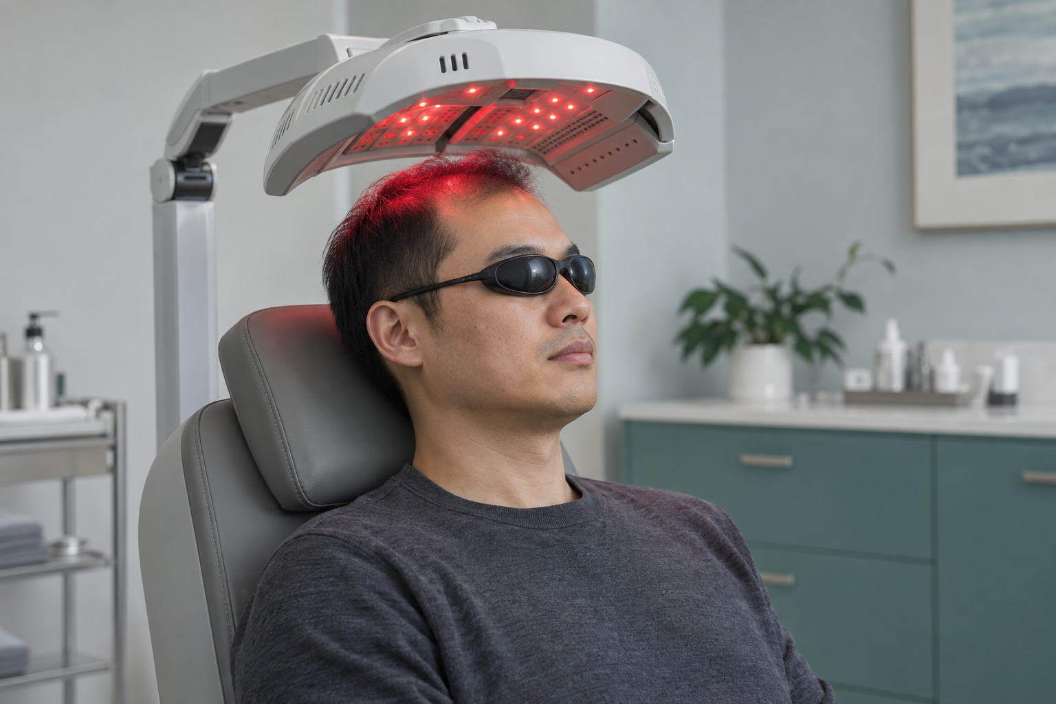 Illustration of a man receiving LLLT light treatment under a red-light treatment array